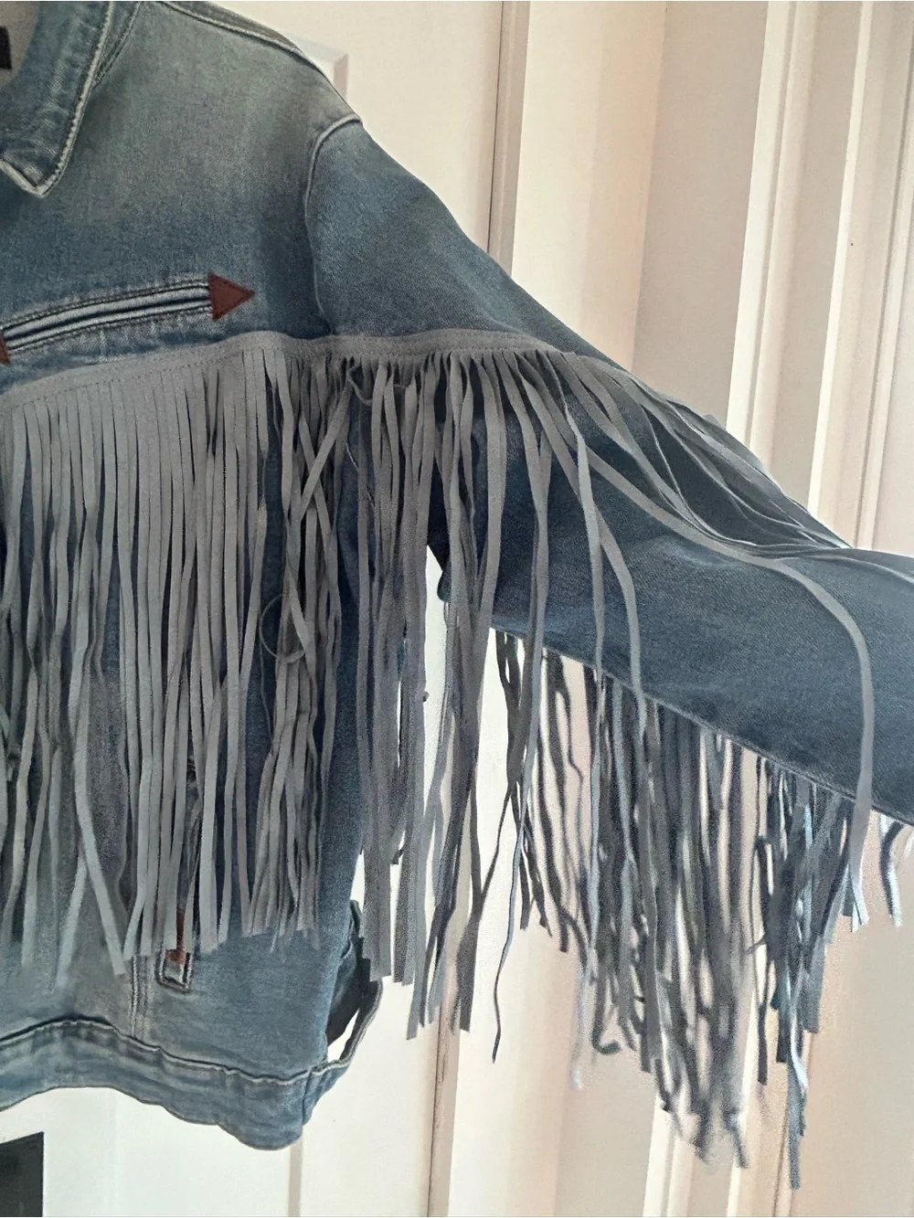 Rock & Roll Denim Light Wash Tonal Suede Fringe Button-Down Jacket - Picture 6 of 10